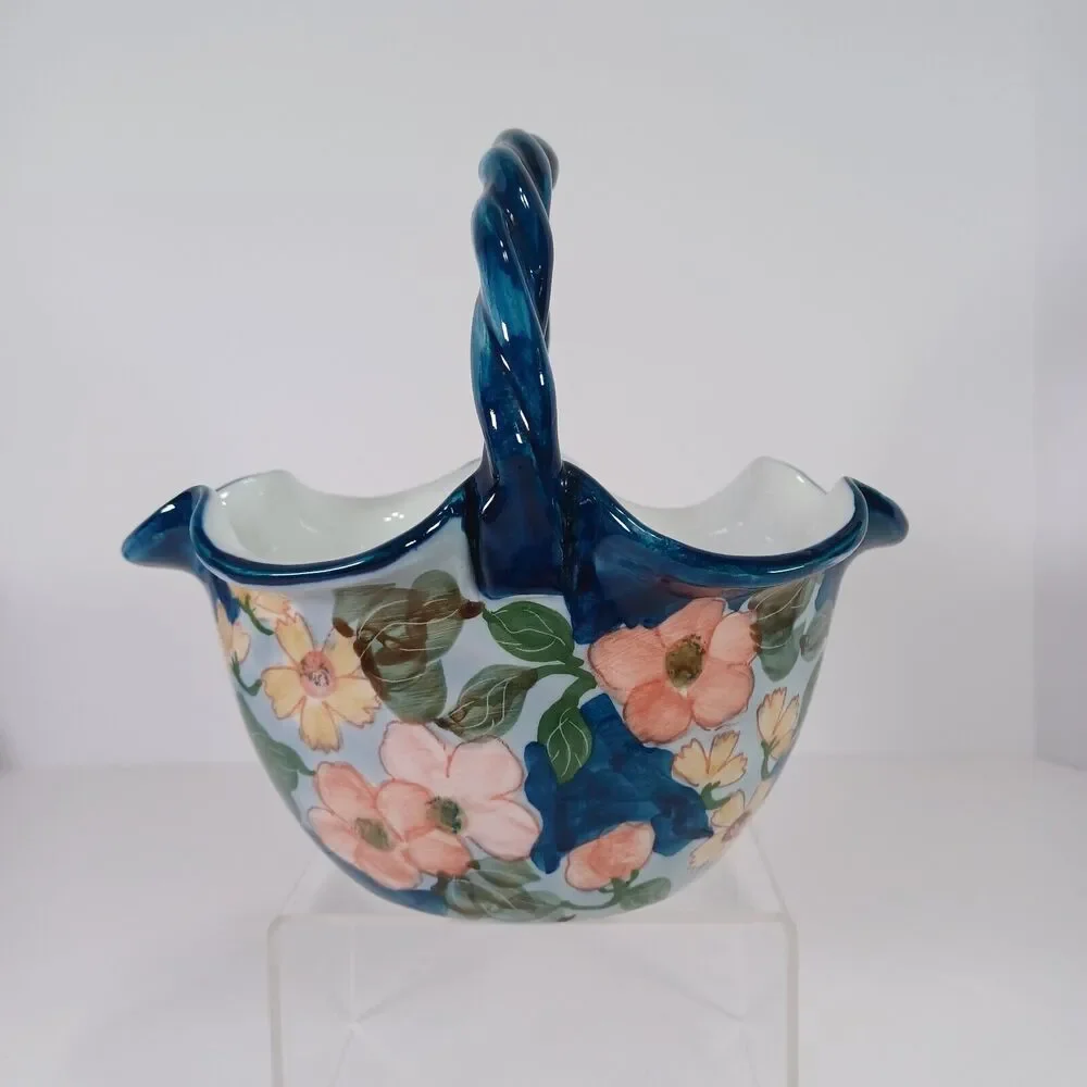 Ruffled Ceramic Basket Handcrafted Blue White Pink Floral Twisted Handle